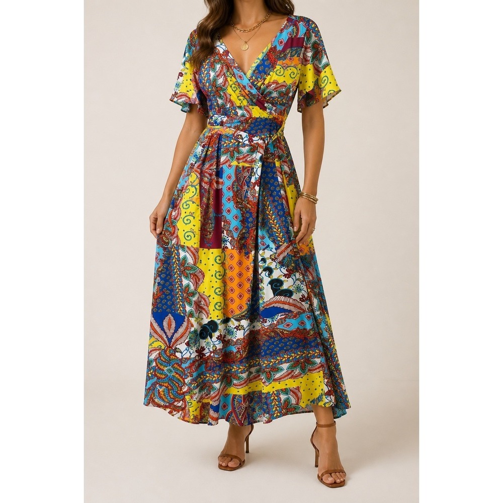 Boho Patchwork Maxi Dress Wrap Style Medium M Colorful Festival Flutter Sleeve